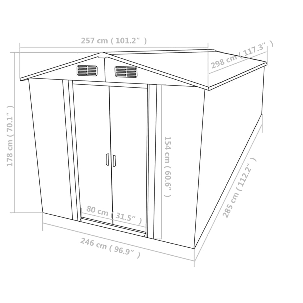 Abrigo de jardim 257x298x178 cm metal cinzento