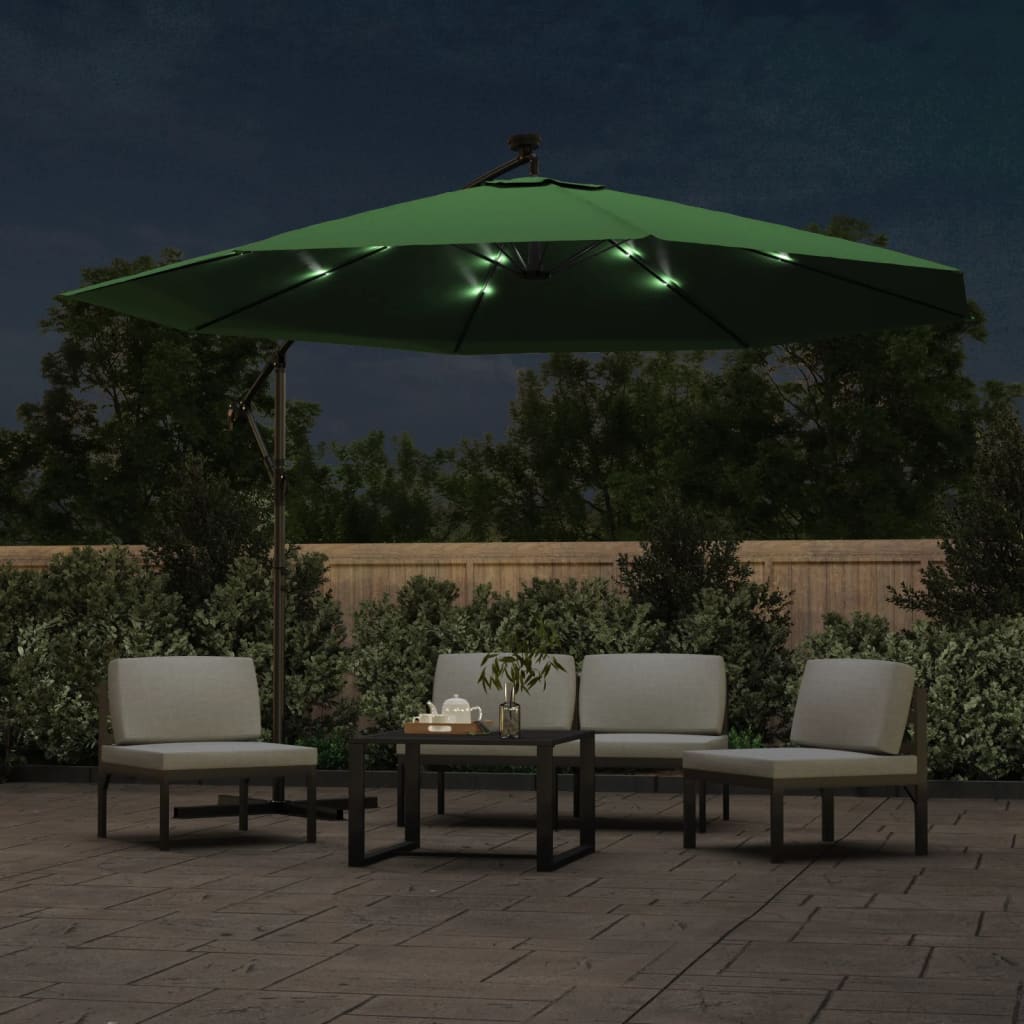 Guarda-sol cantilever c/ luzes LED e poste metal 350 cm verde