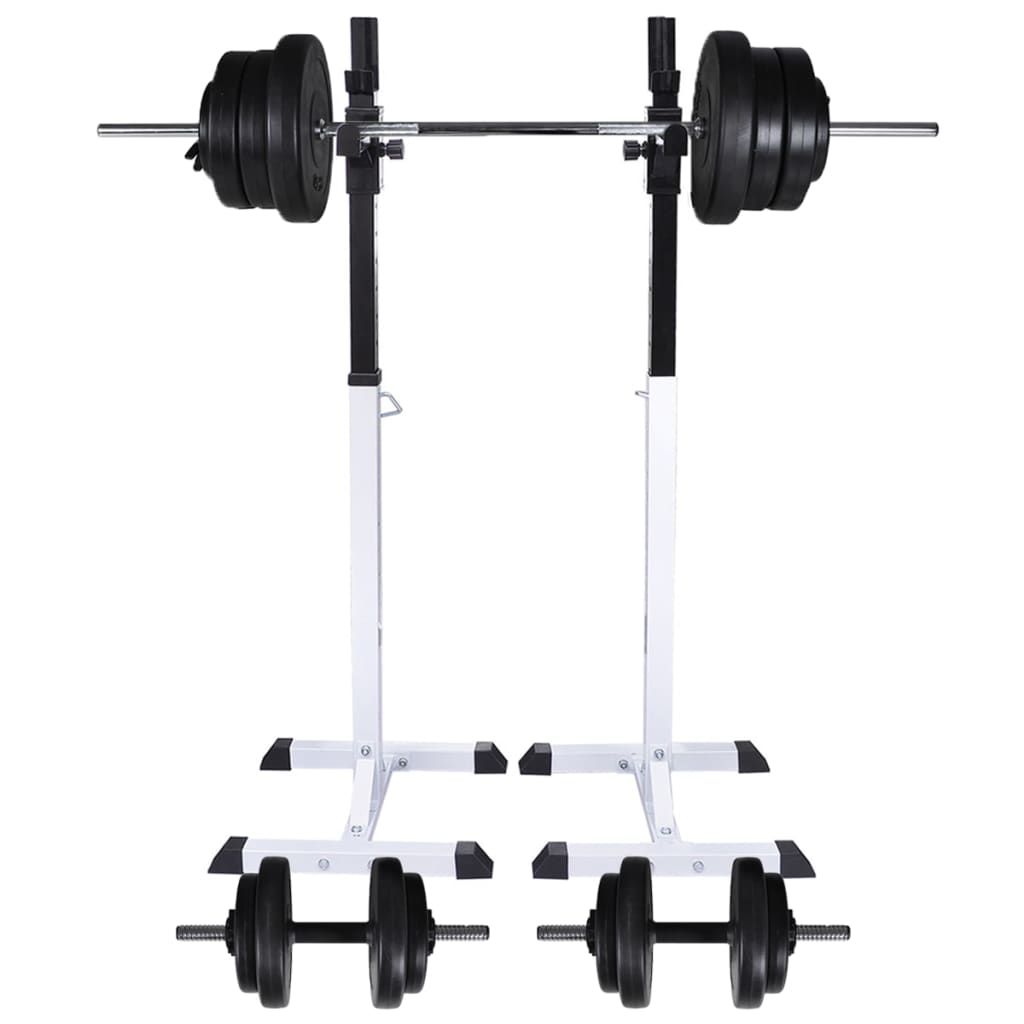 Suporte barra musculação c/ conjunto pesos e barras 60,5 kg