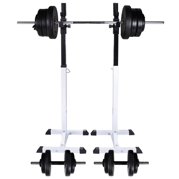 Suporte barra musculação c/ conjunto pesos e barras 60,5 kg