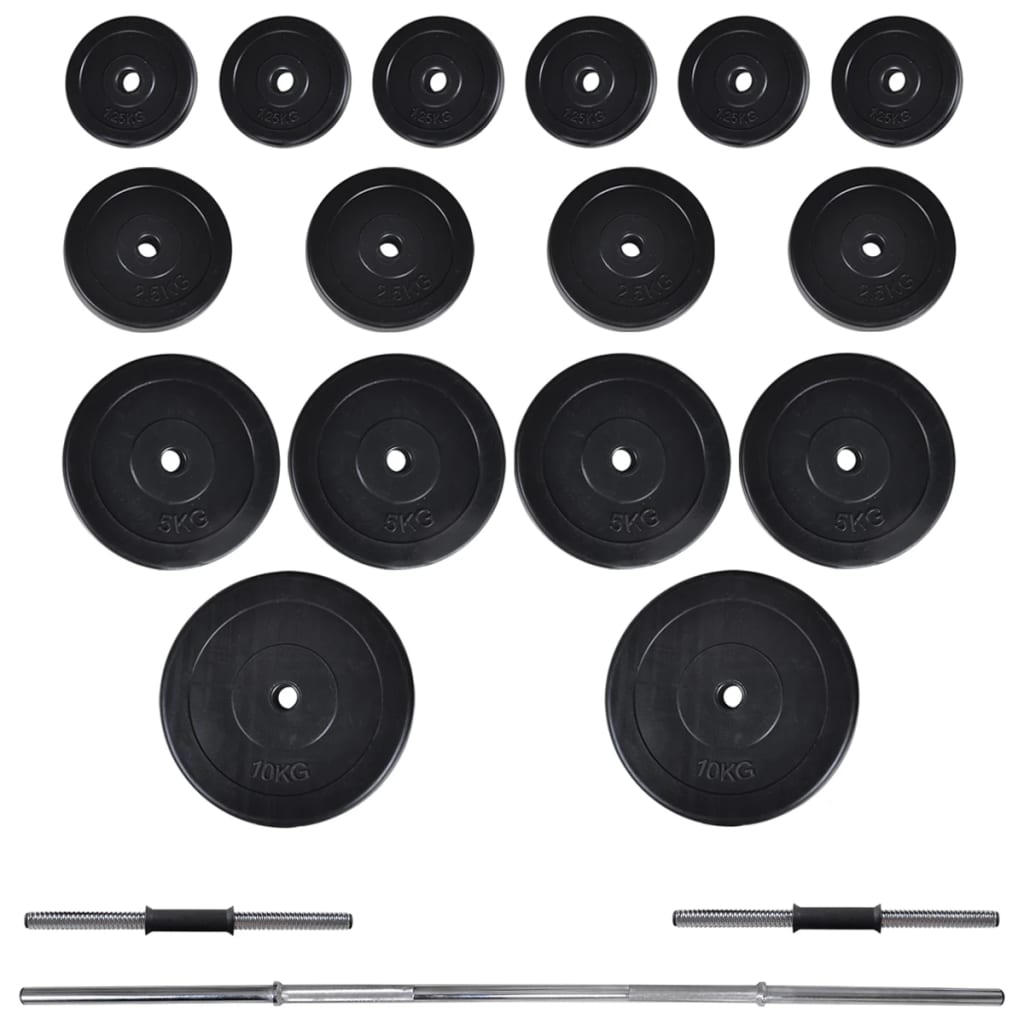 Suporte barra musculação c/ conjunto pesos e barras 60,5 kg
