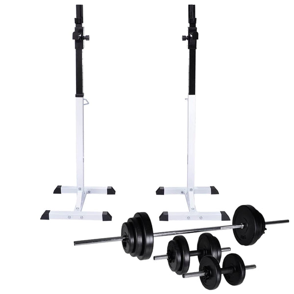 Suporte barra musculação c/ conjunto pesos e barras 30,5 kg
