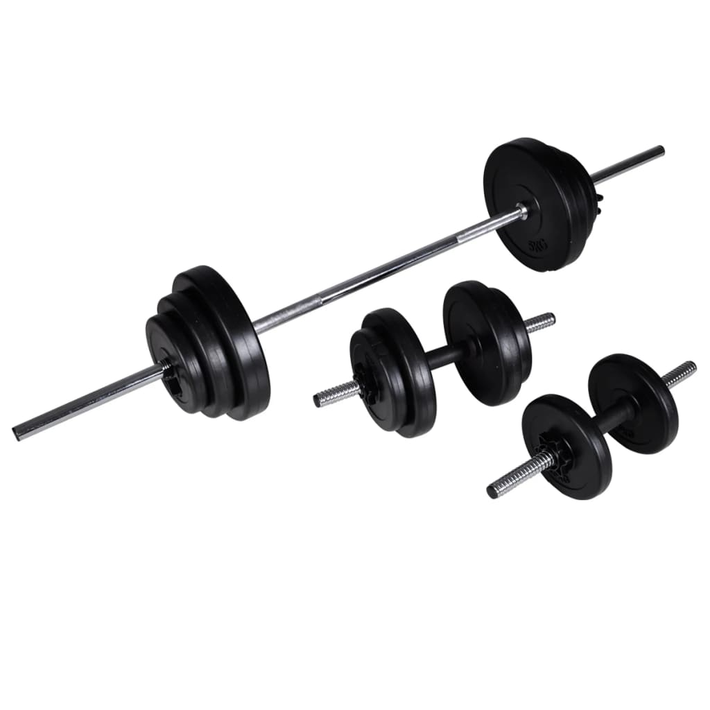 Suporte barra musculação c/ conjunto pesos e barras 30,5 kg