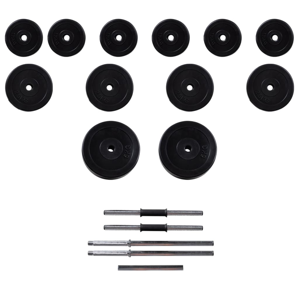 Suporte barra musculação c/ conjunto pesos e barras 30,5 kg