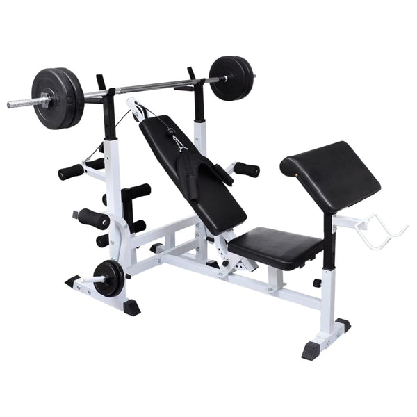 Banco musculação c/ suporte p/ pesos + barras e halteres 120 kg