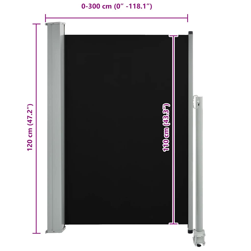 Toldo lateral retrátil para pátio 120x300 cm preto