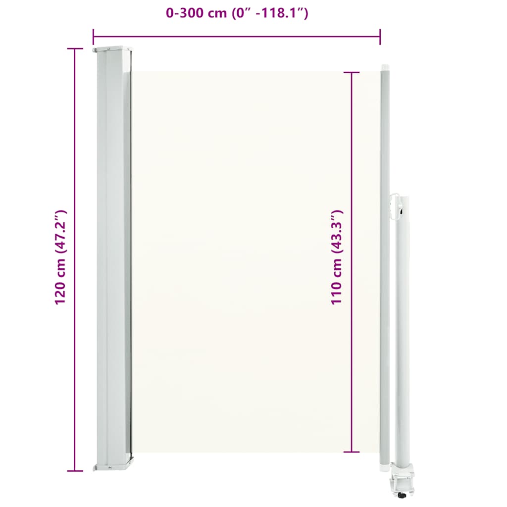 Toldo lateral retrátil para pátio 120x300 cm creme