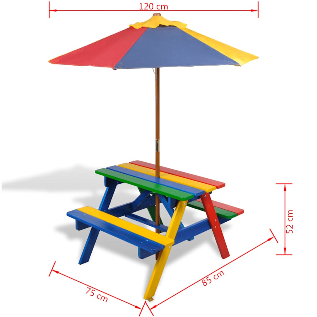 Mesa piquenique infantil + bancos/guarda-sol madeira multicor