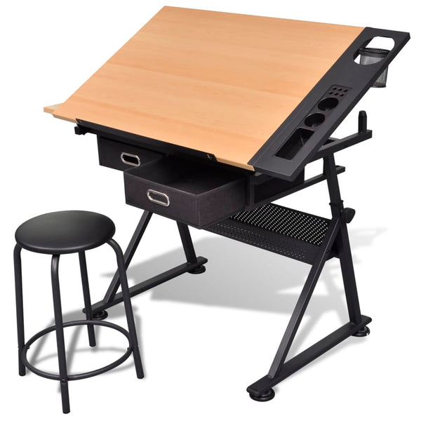 Mesa de desenho com tampo inclinável/banco/2 gavetas