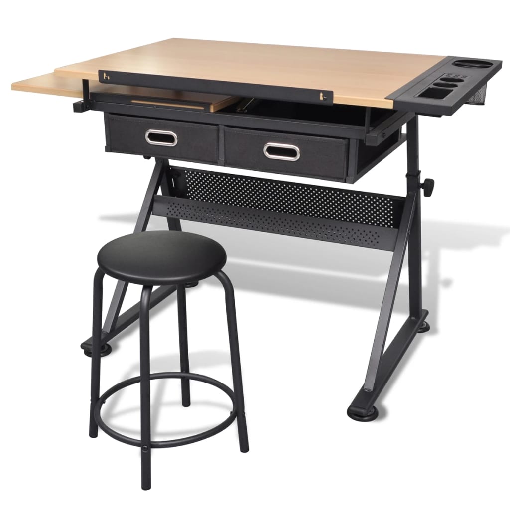 Mesa de desenho com tampo inclinável/banco/2 gavetas