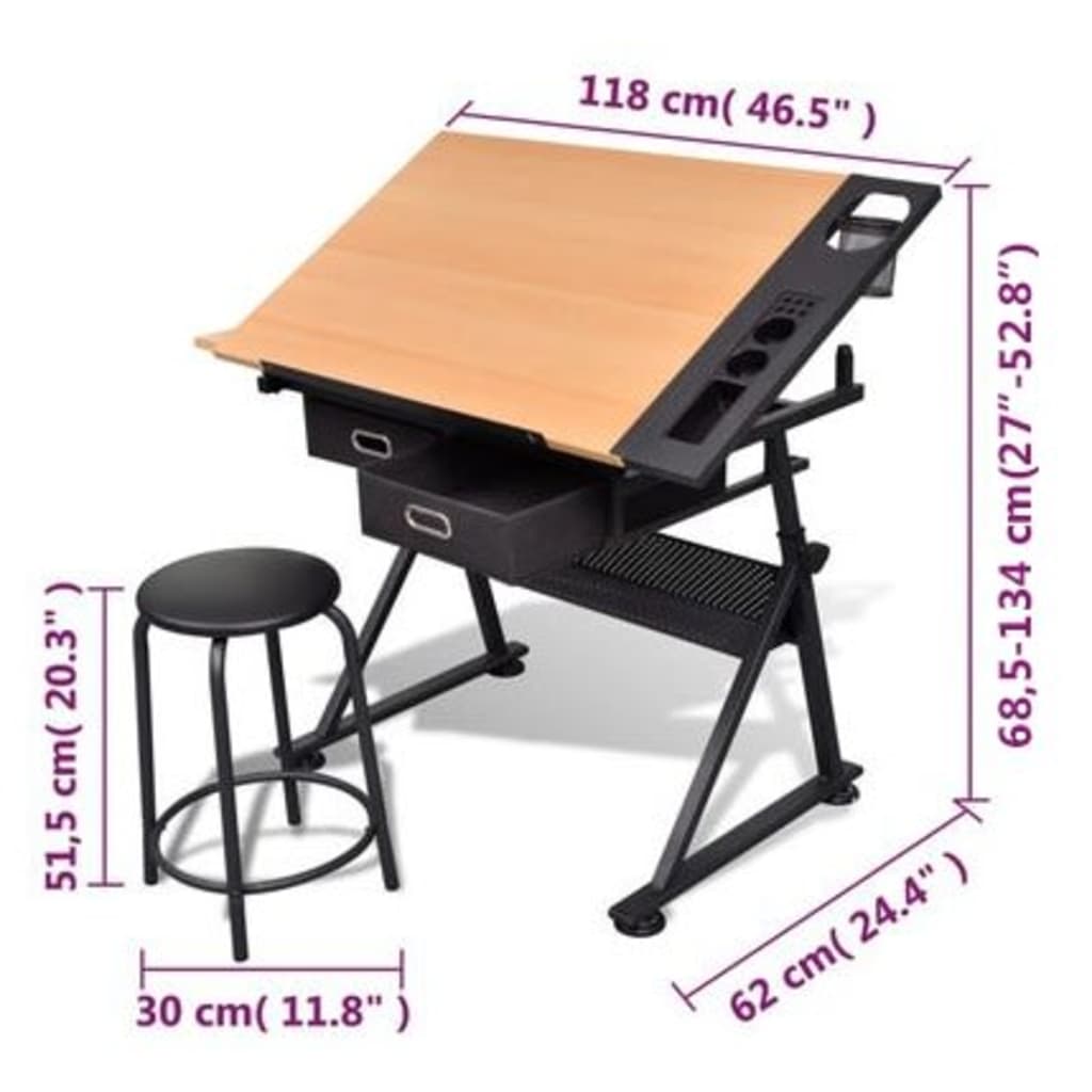 Mesa de desenho com tampo inclinável/banco/2 gavetas