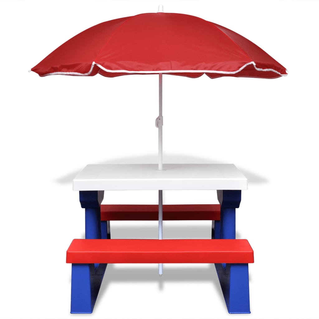 Mesa piquenique infantil + bancos/guarda-sol multicor