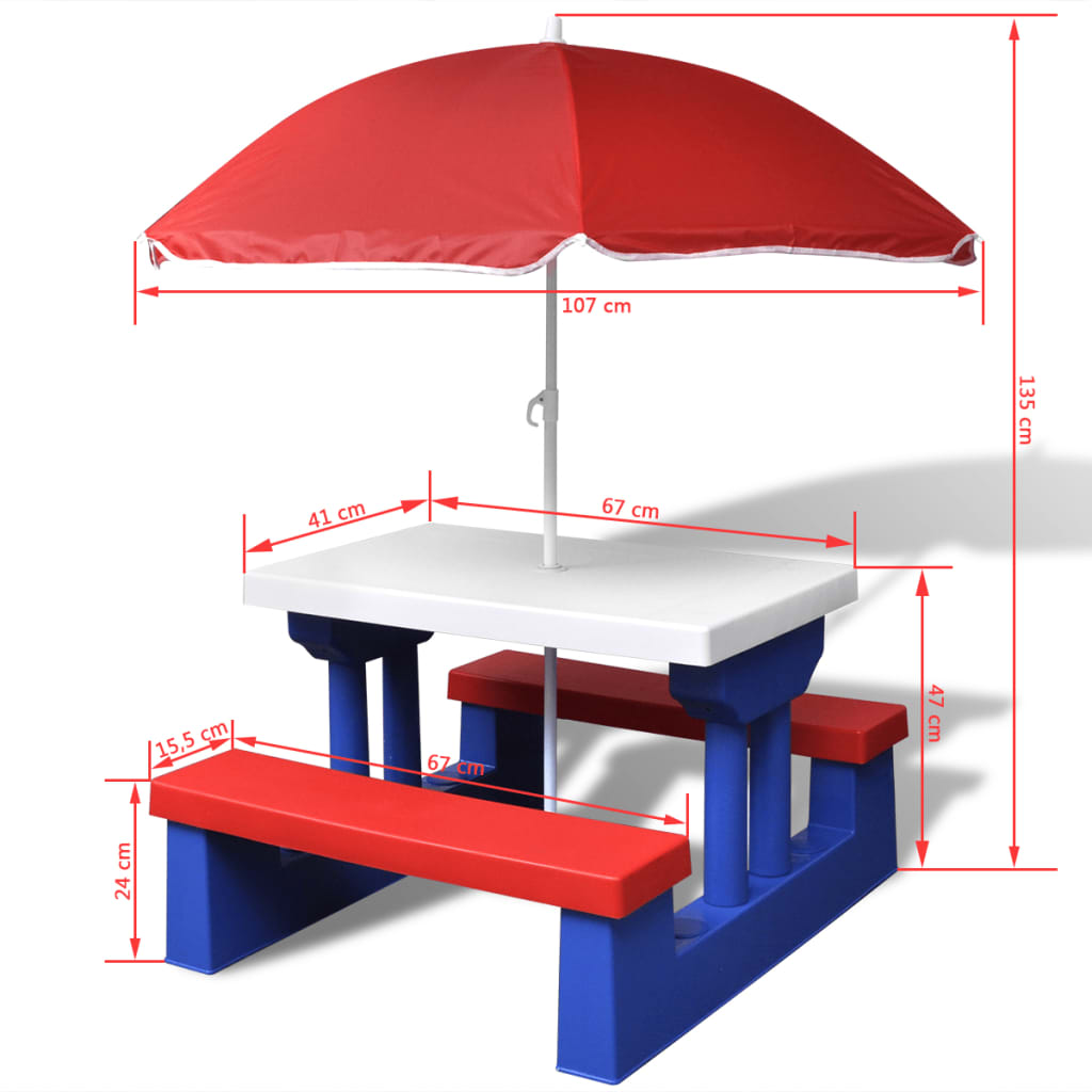 Mesa piquenique infantil + bancos/guarda-sol multicor
