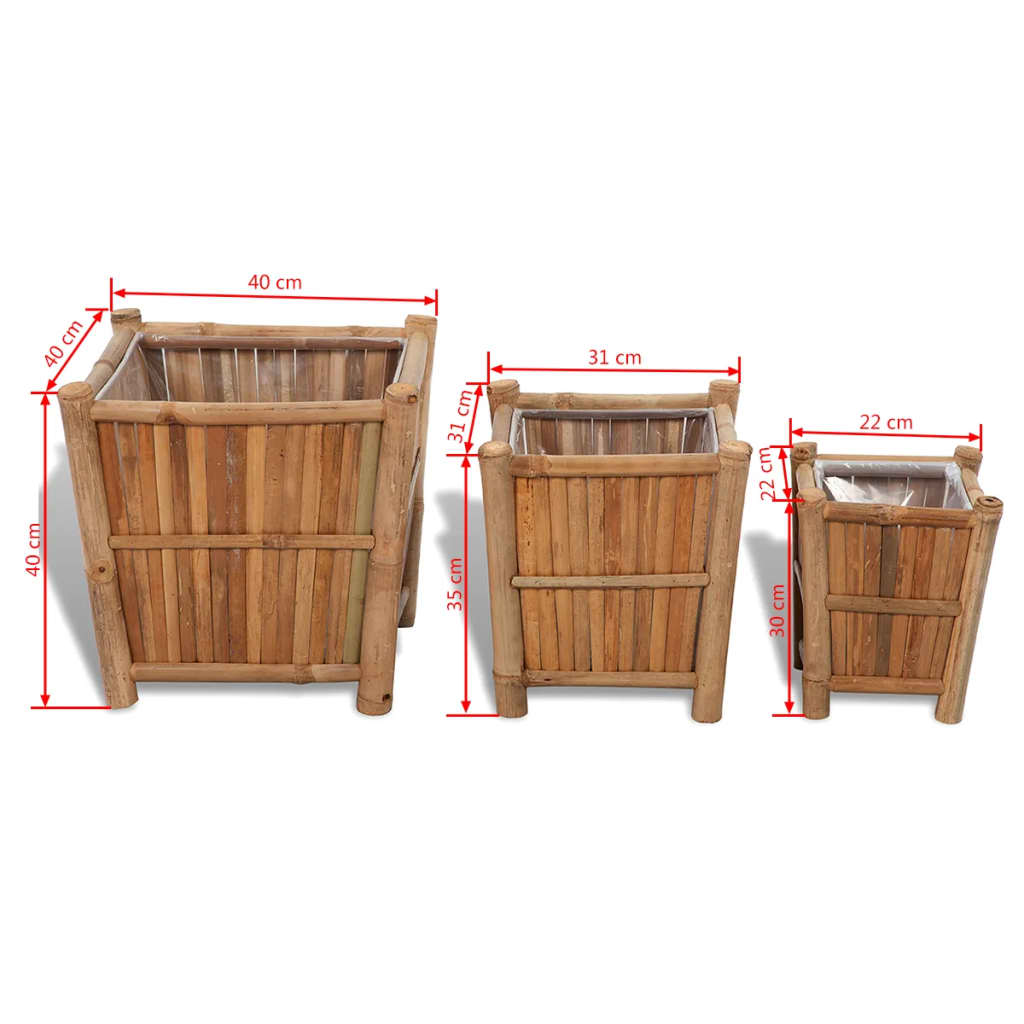 Vasos/floreiras em bambu 3 pcs forro de nylon