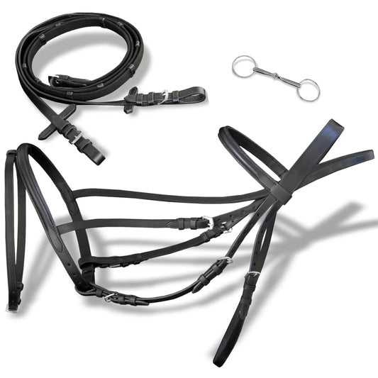 Cabeçada de couro com rédeas e brida, preto, cob