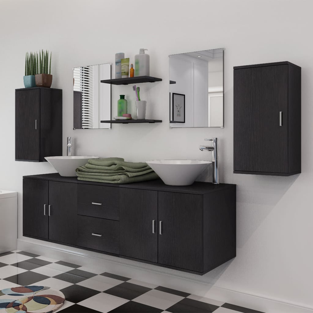 Móveis casa de banho 9 pçs e conjunto de bacia, preto