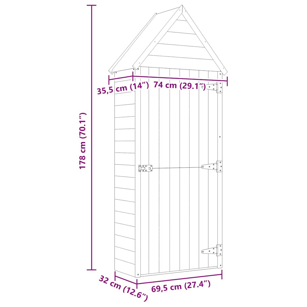 Abrigo ferramentas jardim porta 69,5x32x178cm pinho impregnado