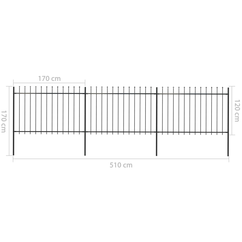 Cerca de jardim com topo em forma de lança em aço 537x120 cm, preta