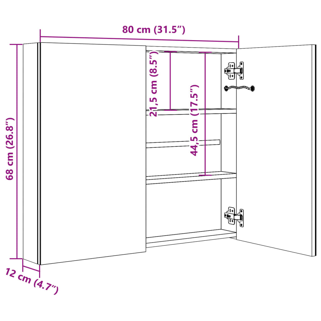 Armário espelhado para casa de banho com LED 80x12,2x68 cm