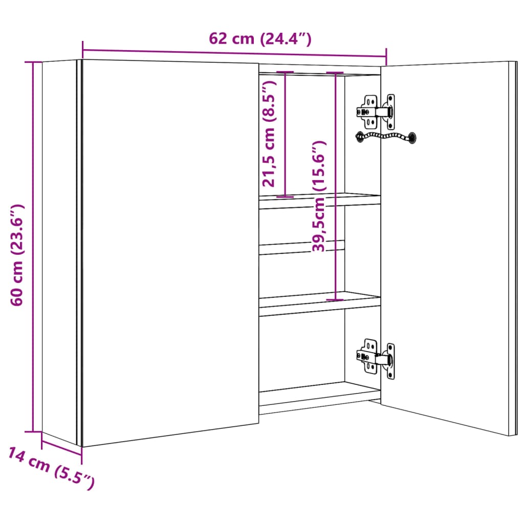 Armário espelhado para casa de banho com LED 60x14x62 cm