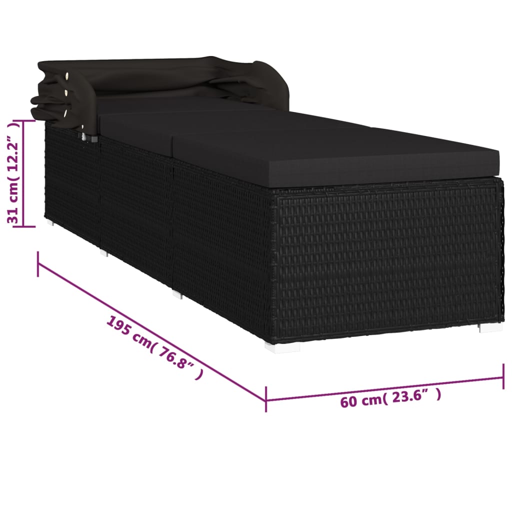 Espreguiçadeira com toldo e almofadão vime PE preto