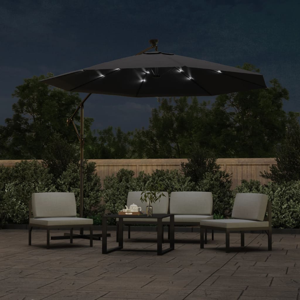 Guarda-sol cantilever c/ luzes LED e poste de aço 300 cm preto