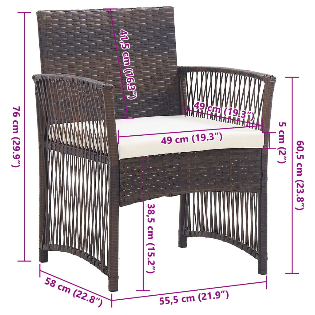 Cadeiras de jardim com almofadões 2 pcs vime PE castanho
