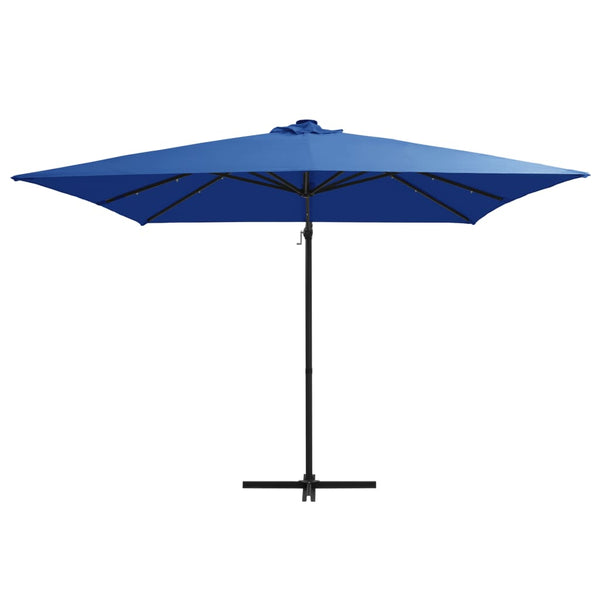 Guarda-sol cantilever luzes LED/poste aço 250x250 cm azul ciano