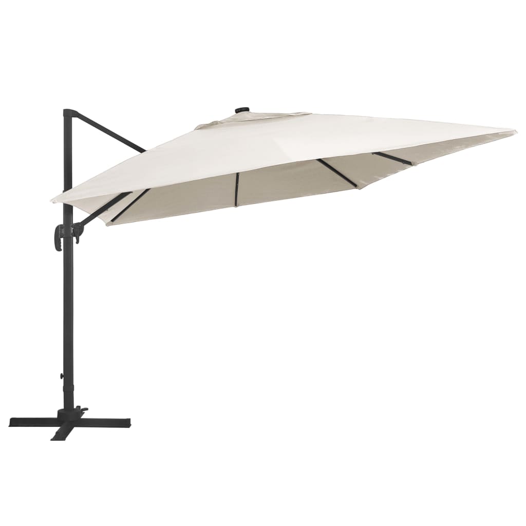 Guarda-sol cantilever luzes LED/poste alumínio 400x300 cm areia