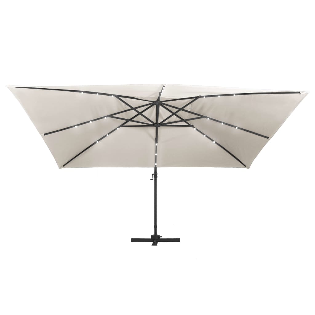 Guarda-sol cantilever luzes LED/poste alumínio 400x300 cm areia