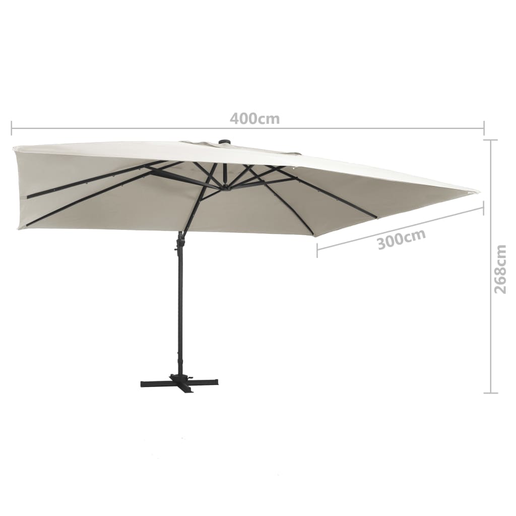 Guarda-sol cantilever luzes LED/poste alumínio 400x300 cm areia