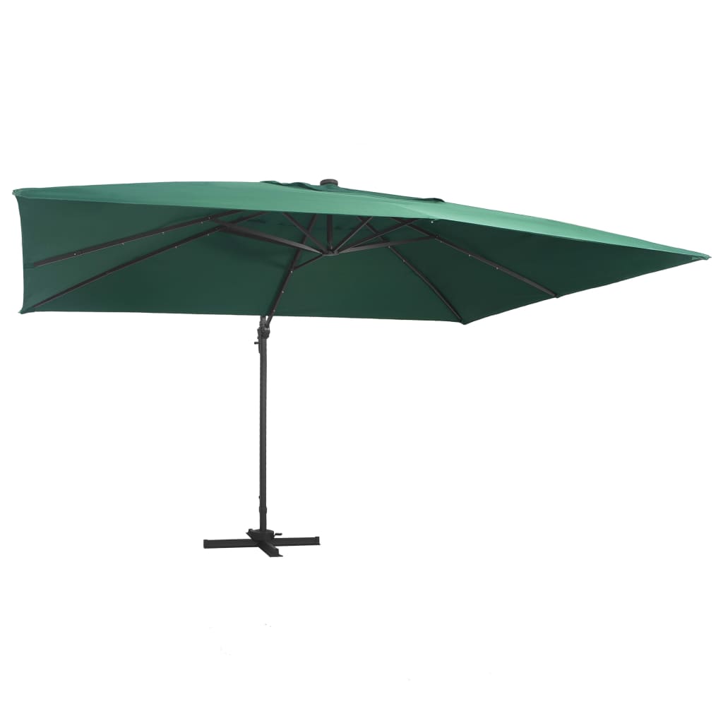 Guarda-sol cantilever luzes LED/poste alumínio 400x300 cm verde