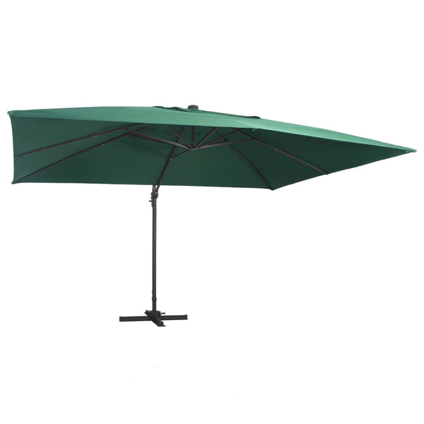 Guarda-sol cantilever luzes LED/poste alumínio 400x300 cm verde