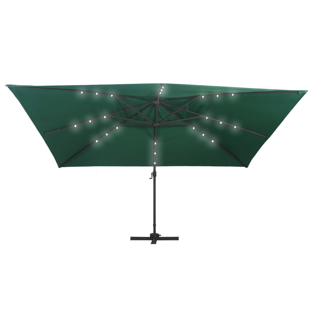 Guarda-sol cantilever luzes LED/poste alumínio 400x300 cm verde