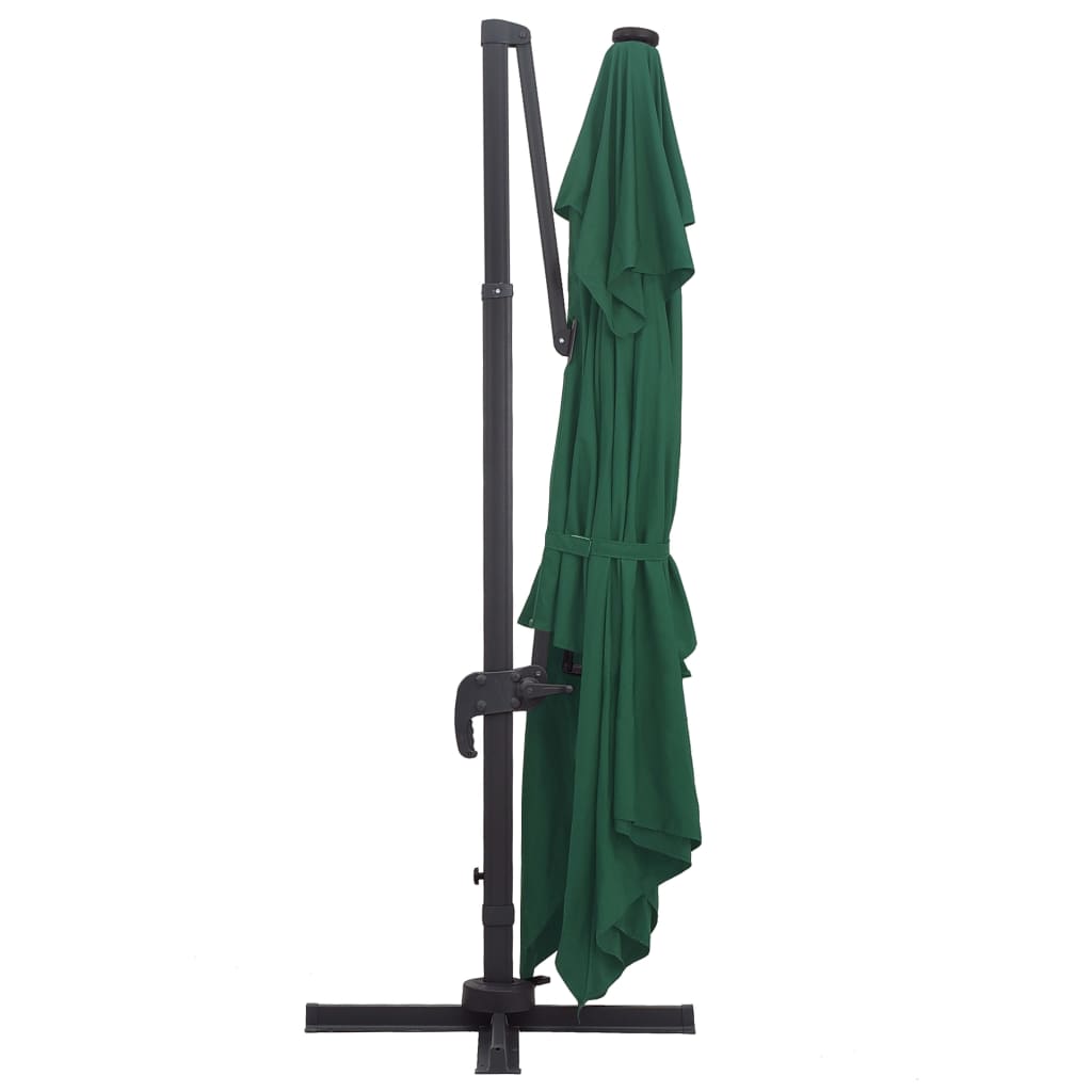 Guarda-sol cantilever luzes LED/poste alumínio 400x300 cm verde