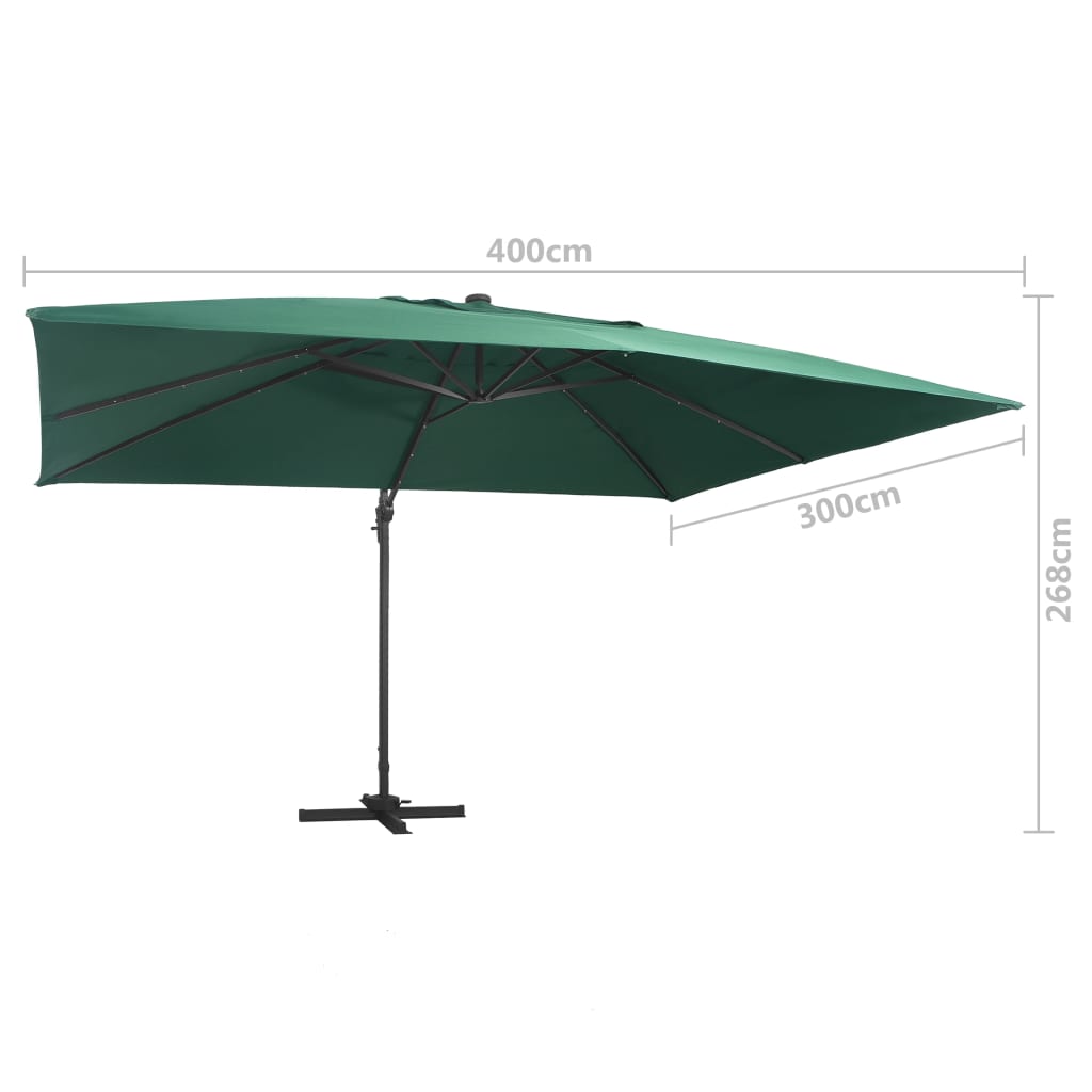 Guarda-sol cantilever luzes LED/poste alumínio 400x300 cm verde