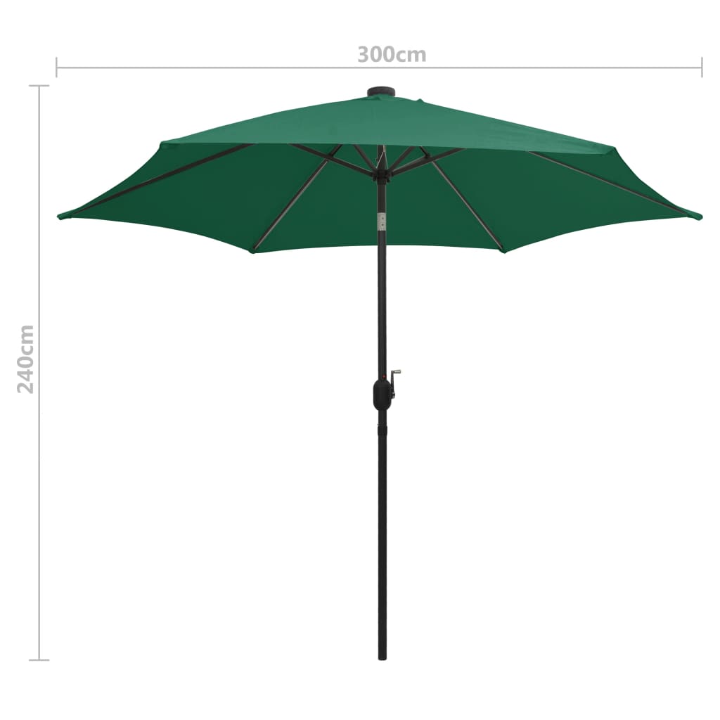Guarda-sol de jardim c/ luzes LED e poste alumínio 300 cm verde