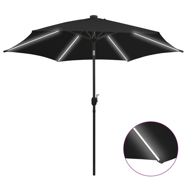 Guarda-sol de jardim c/ luzes LED/poste alumínio 300 cm preto