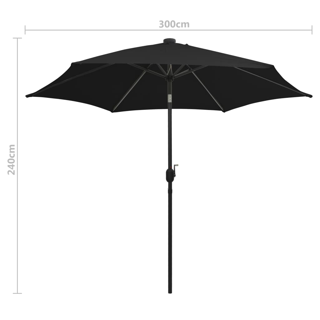 Guarda-sol de jardim c/ luzes LED/poste alumínio 300 cm preto