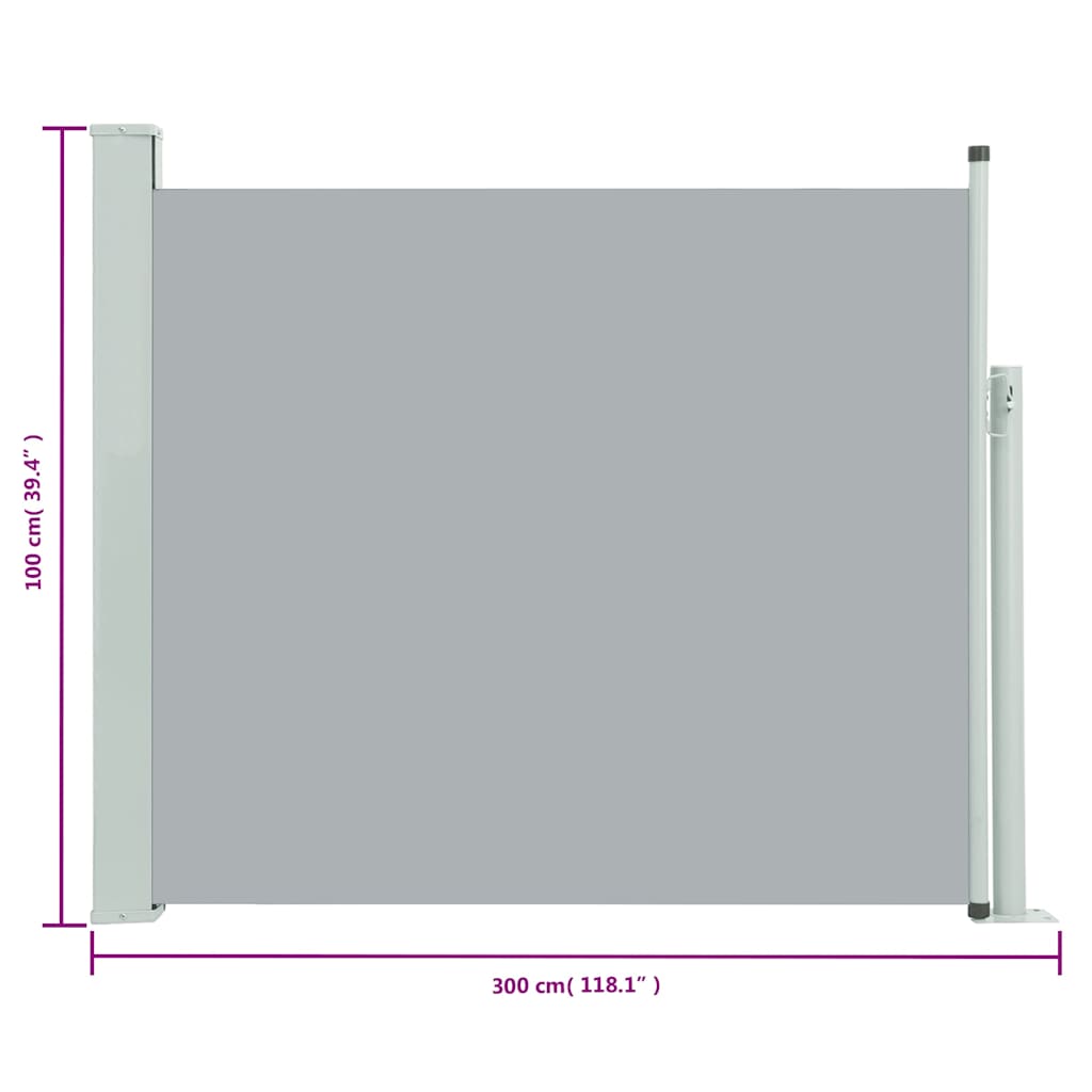 Toldo lateral retrátil para pátio 100x300 cm cinzento