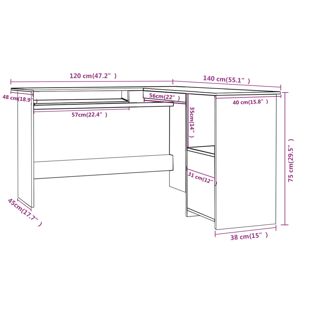 Secretária de canto forma L 120x140x75 cm contraplacado branco