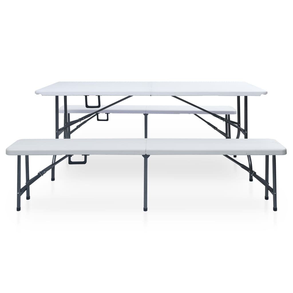 Mesa de jardim dobrável com 2 bancos 180 cm aço e PEAD branco