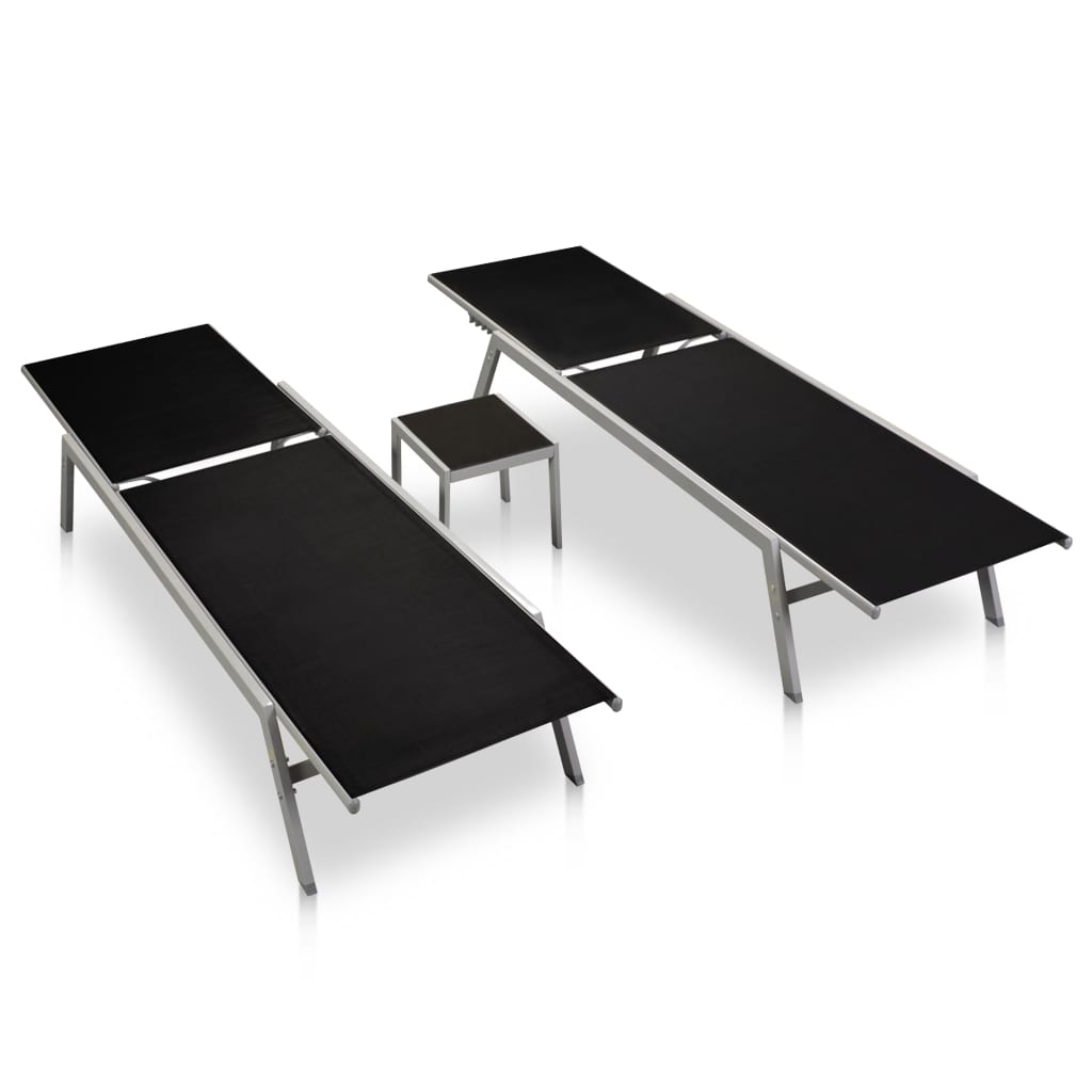 Espreguiçadeiras com mesa 2 pcs aço e textilene preto