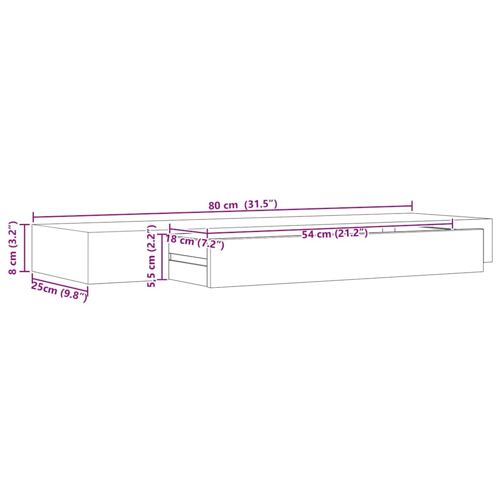 Prateleira de parede suspensa com gaveta 80x25x8 cm preto