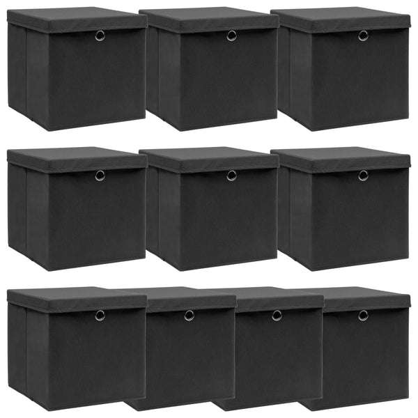 Caixas de arrumação com tampas 10 pcs 32x32x32 cm tecido preto
