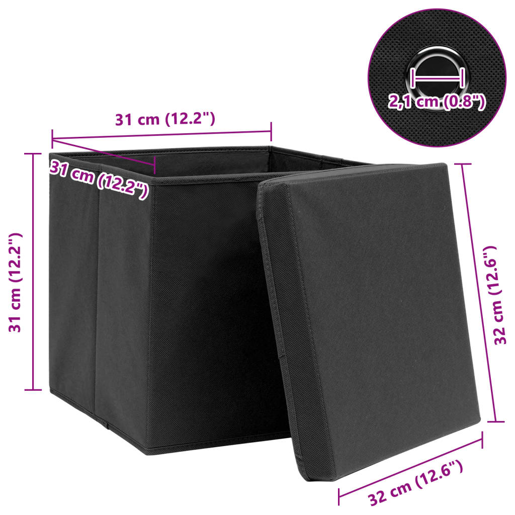 Caixas de arrumação com tampas 10 pcs 32x32x32 cm tecido preto