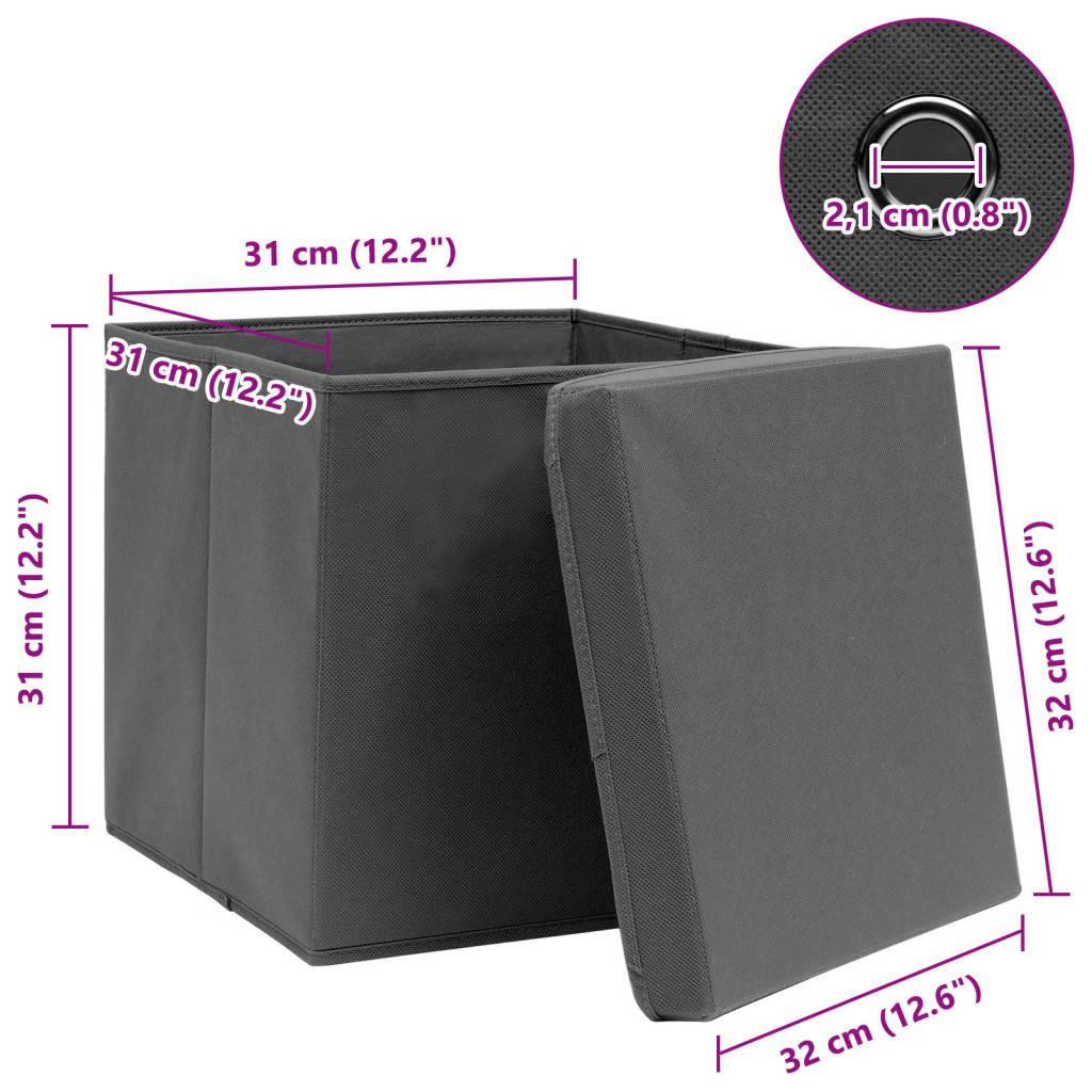 Caixas de arrumação com tampas 10 pcs 32x32x32 cm tecido cinza