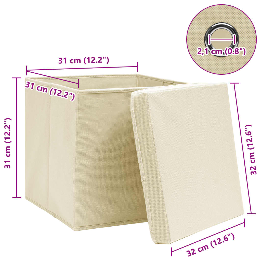 Caixas de arrumação com tampa 10 pcs 32x32x32 cm tecido creme