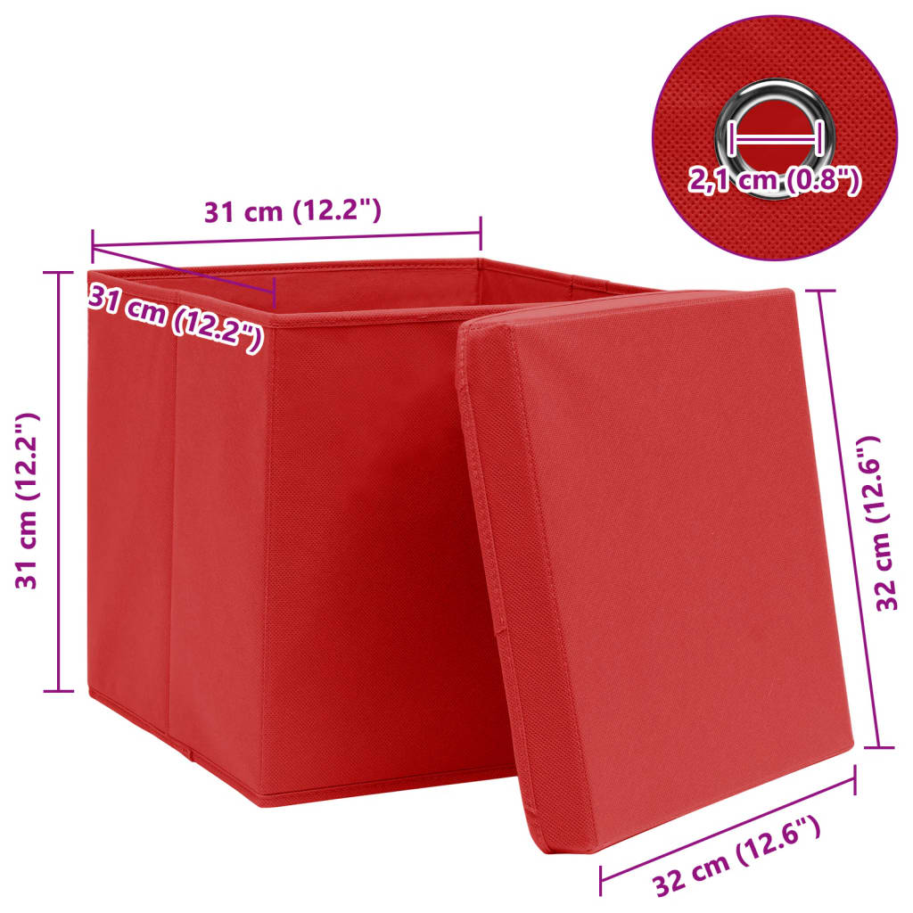 Caixas de arrumação com tampas 10pcs 32x32x32cm tecido vermelho