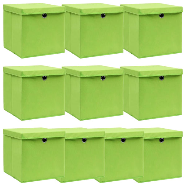 Caixas de arrumação com tampas 10 pcs 32x32x32 cm tecido verde